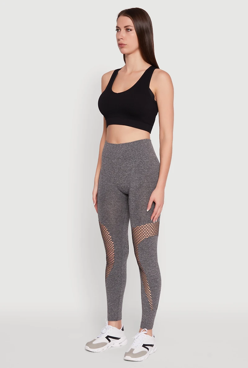 Womens Fishnet Detail High Waisted Leggings with Booty Lift, Grey, Size S-M