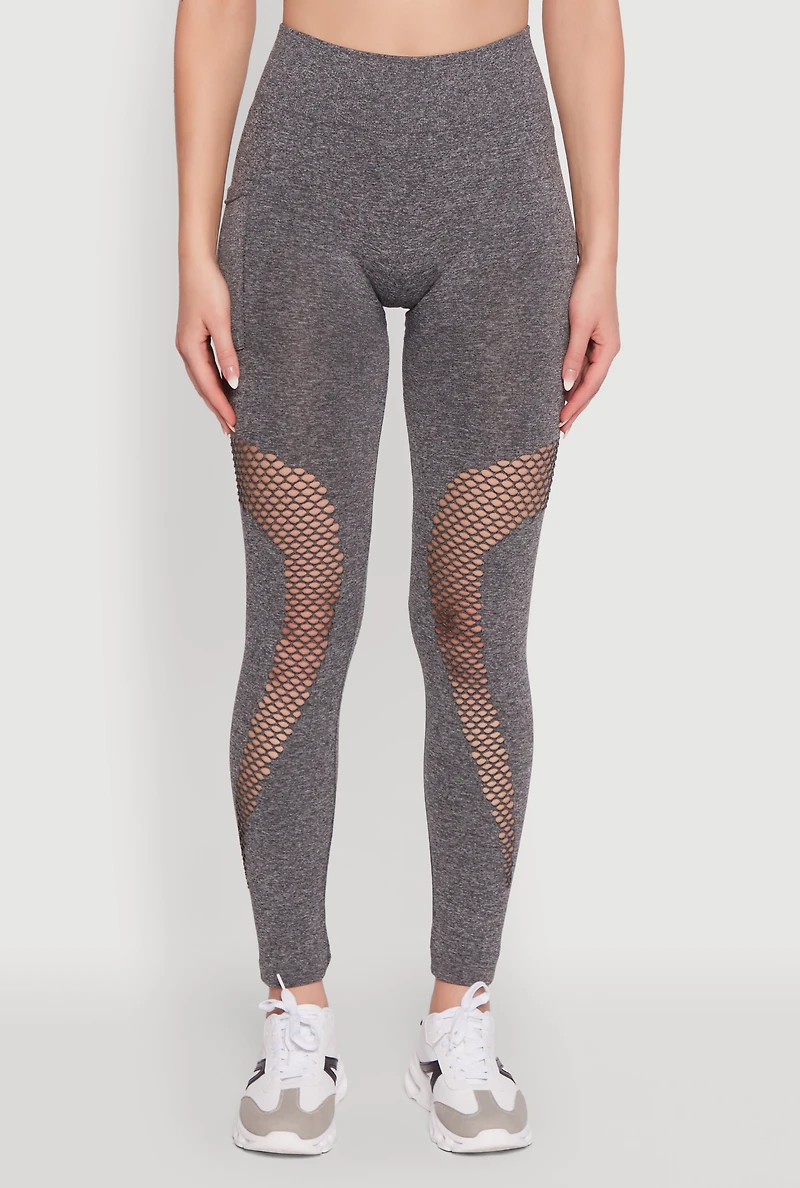 Womens Fishnet Detail High Waisted Leggings with Booty Lift, Grey, Size S-M