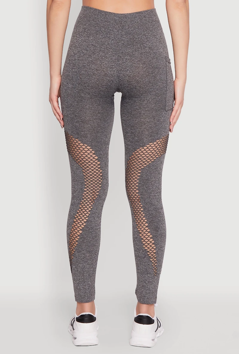 Womens Fishnet Detail High Waisted Leggings with Booty Lift, Grey, Size S-M
