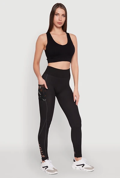 Womens Trendy High Waisted Camo Pocket Laser Cut Leggings, Black, Size L-XL