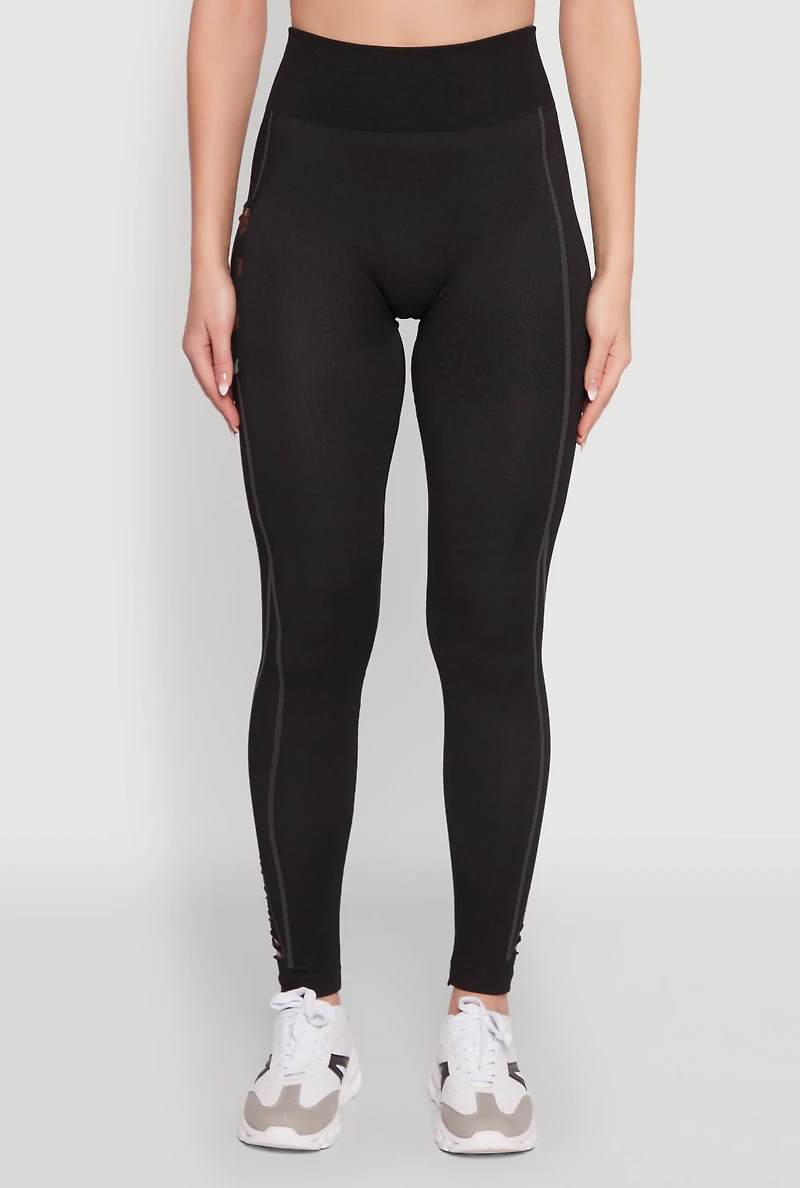 Womens Trendy High Waisted Camo Pocket Laser Cut Leggings, Black,