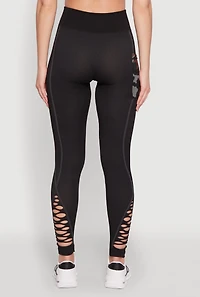 Womens Trendy High Waisted Camo Pocket Laser Cut Leggings, Black,