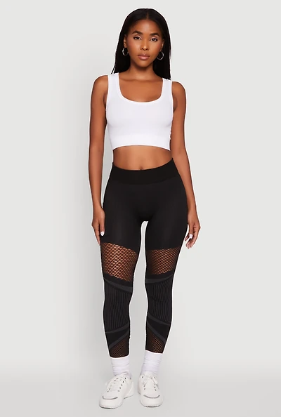Womens High Waisted Fishnet Detail Cell Phone Pocket Leggings, Black, Size S-M