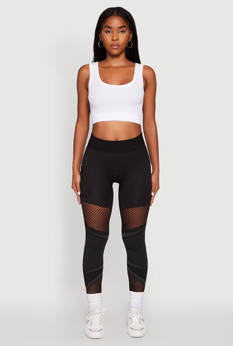 Womens High Waisted Fishnet Detail Cell Phone Pocket Leggings, Black, Size S-M
