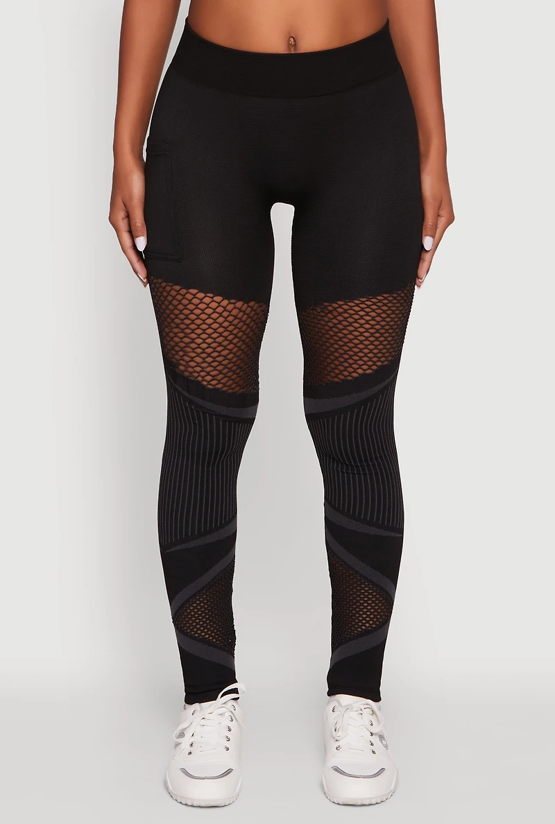 Womens High Waisted Fishnet Detail Cell Phone Pocket Leggings, Black, Size S-M