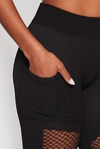 Womens High Waisted Fishnet Detail Cell Phone Pocket Leggings, Black, Size S-M