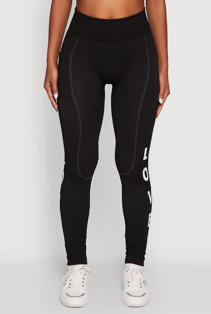 Womens Love Graphic High Waisted Leggings with Cell Phone Pocket, S-M