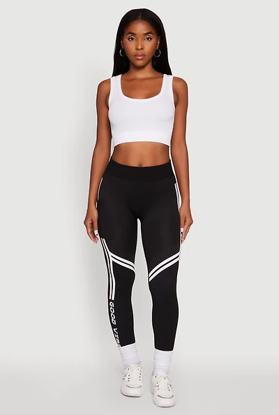 Womens Good Vibes Graphic Varsity Stripe Side Leggings, Black, Size S-M