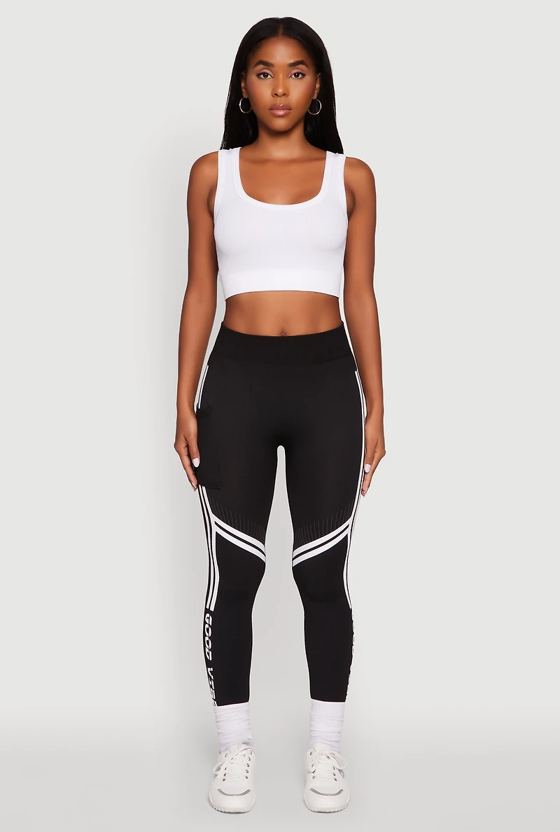 Womens Good Vibes Graphic Varsity Stripe Side Leggings, L-XL