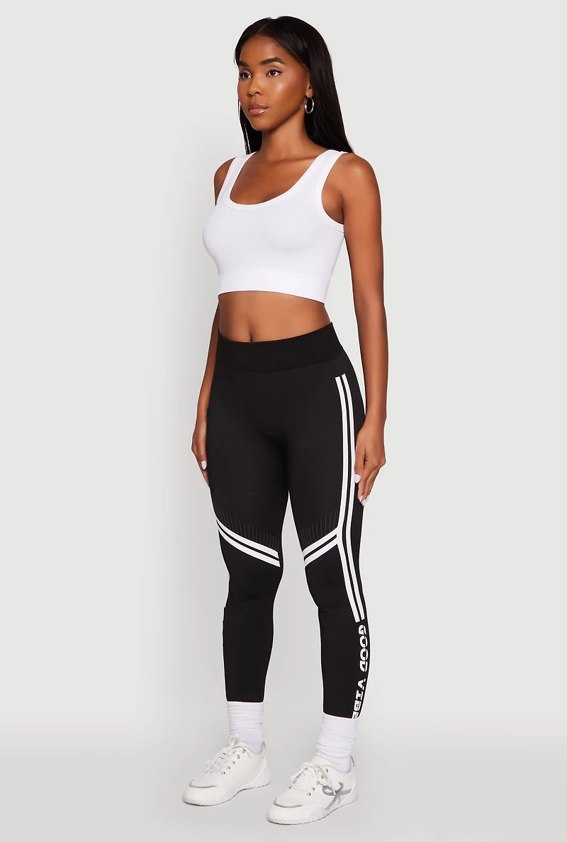 Womens Good Vibes Graphic Varsity Stripe Side Leggings, Black, Size S-M