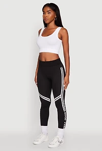 Womens Good Vibes Graphic Varsity Stripe Side Leggings, Black, Size S-M