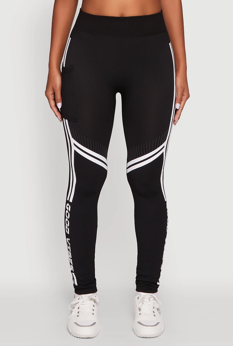 Womens Good Vibes Graphic Varsity Stripe Side Leggings, Black, Size S-M