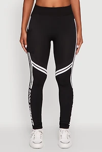 Womens Good Vibes Graphic Varsity Stripe Side Leggings, Black, Size S-M