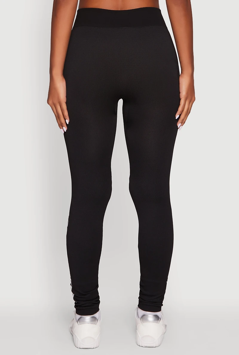 Womens Good Vibes Graphic Varsity Stripe Side Leggings, Black, Size S-M