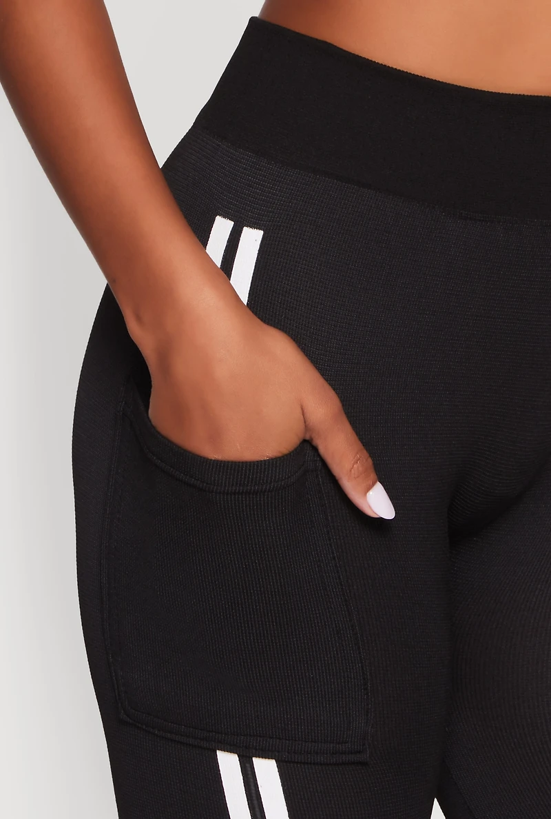Womens Good Vibes Graphic Varsity Stripe Side Leggings, Black, Size S-M