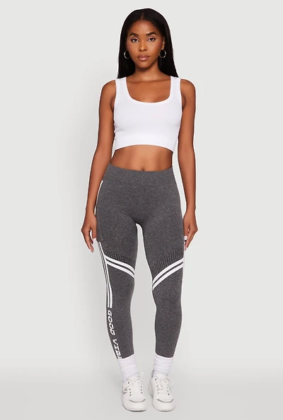 Womens Good Vibes Graphic Varsity Stripe Side Leggings, Grey, Size S-M