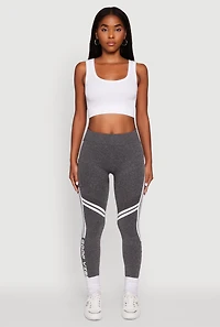 Womens Good Vibes Graphic Varsity Stripe Side Leggings, Grey, Size L-XL
