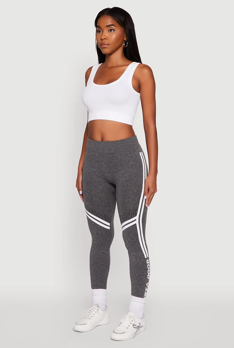 Womens Good Vibes Graphic Varsity Stripe Side Leggings, Grey, Size L-XL