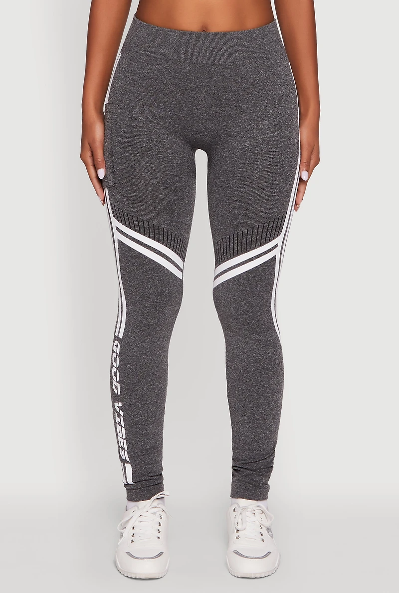 Womens Good Vibes Graphic Varsity Stripe Side Leggings, Grey, Size S-M