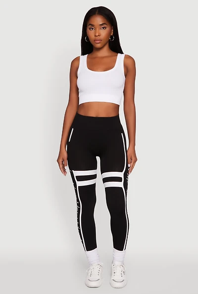 Womens Stripe Detail Graphic Push Up Cell Phone Pocket Leggings, Black, Size L-XL