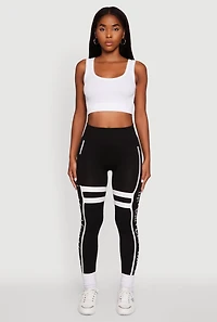 Womens Stripe Detail Graphic Push Up Cell Phone Pocket Leggings, Black, Size L-XL
