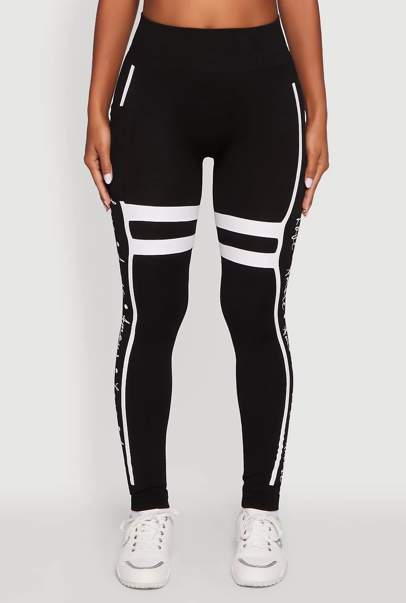 Womens Stripe Detail Graphic Push Up Cell Phone Pocket Leggings, Black, Size L-XL