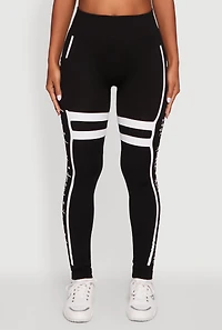 Womens Stripe Detail Graphic Push Up Cell Phone Pocket Leggings, Black, Size L-XL