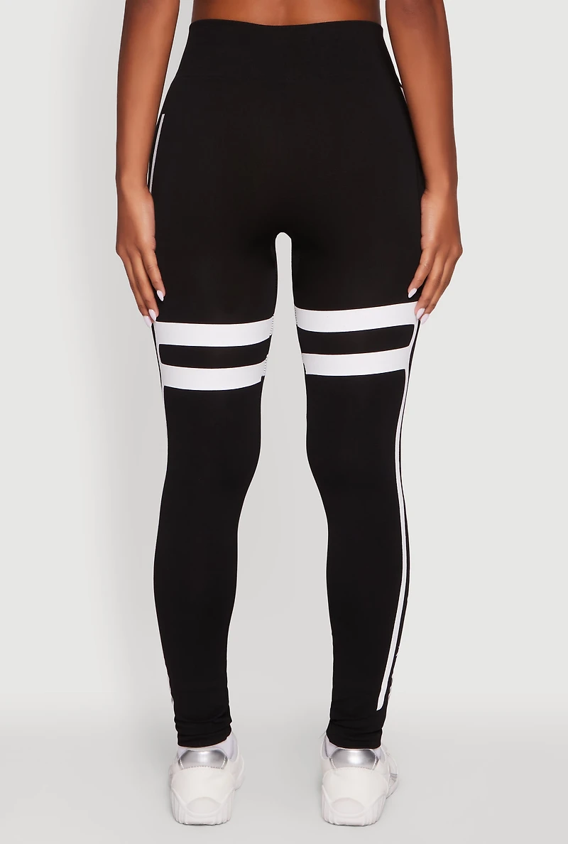 Womens Stripe Detail Graphic Push Up Cell Phone Pocket Leggings, Black, Size L-XL