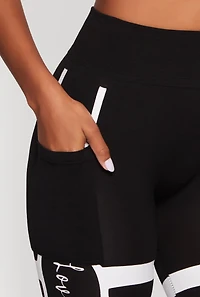 Womens Stripe Detail Graphic Push Up Cell Phone Pocket Leggings, Black, Size L-XL