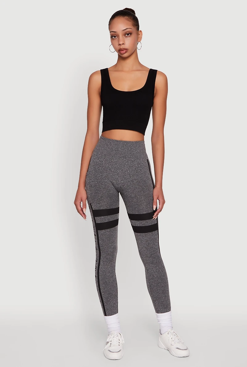 Womens Stripe Detail Graphic Push Up Cell Phone Pocket Leggings, Grey, Size L-XL