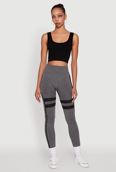 Womens Stripe Detail Graphic Push Up Cell Phone Pocket Leggings, Grey, Size L-XL