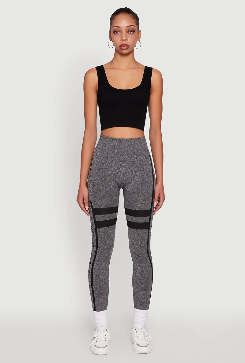 Womens Stripe Detail Graphic Push Up Cell Phone Pocket Leggings, Grey, Size L-XL