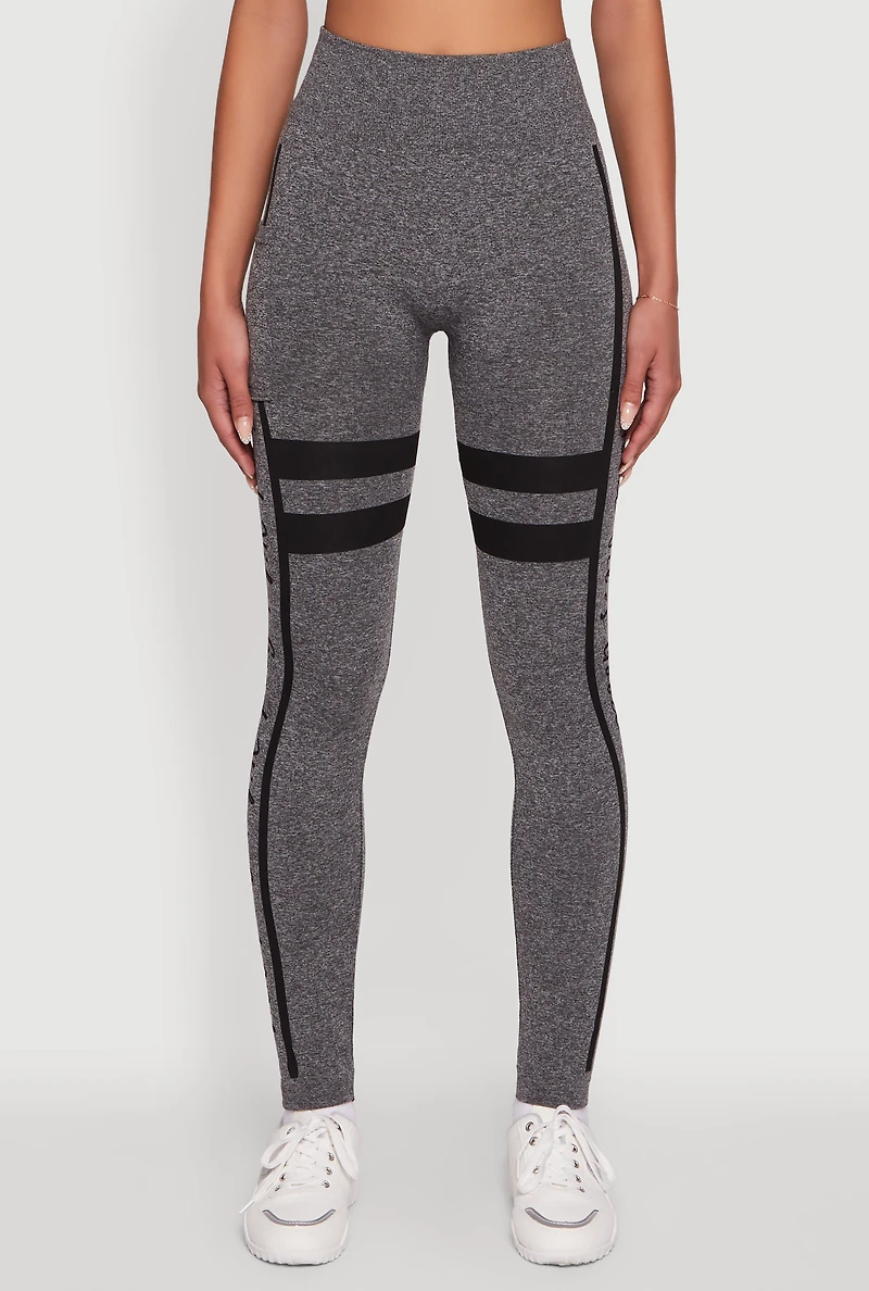 Womens Stripe Detail Graphic Push Up Cell Phone Pocket Leggings, Grey, Size L-XL