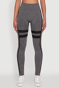 Womens Stripe Detail Graphic Push Up Cell Phone Pocket Leggings, Grey, Size L-XL