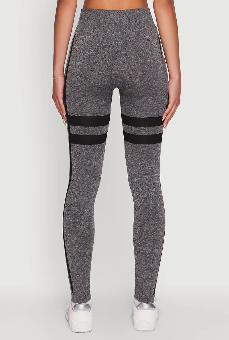Womens Stripe Detail Graphic Push Up Cell Phone Pocket Leggings, Grey, Size L-XL