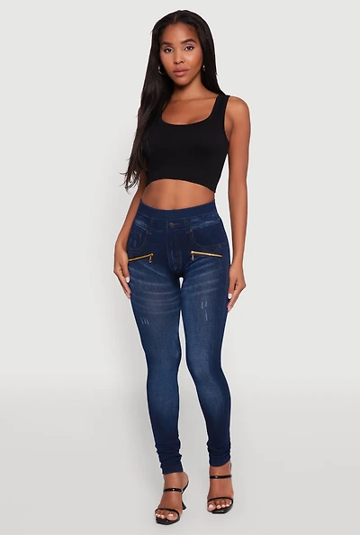 Trendy High Waisted Denim Knit Leggings with Zippers