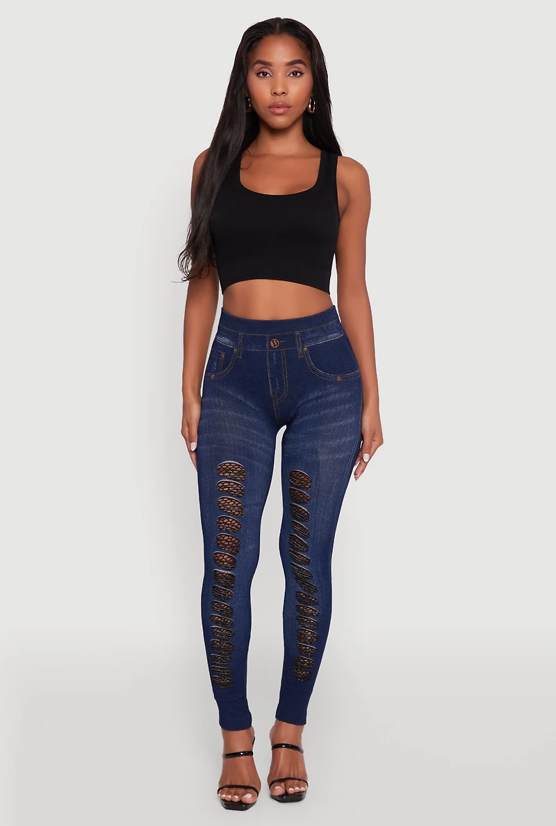 Womens High Waisted Fishnet Detail Jeggings, Blue, Size S-M