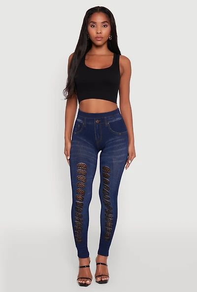 Womens High Waisted Fishnet Detail Jeggings, Blue, Size S-M