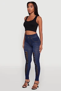 Womens High Waisted Fishnet Detail Jeggings, Blue, Size S-M