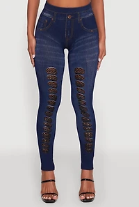 Womens High Waisted Fishnet Detail Jeggings, Blue, Size S-M