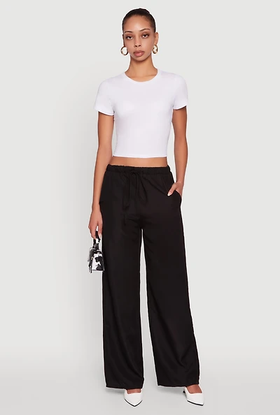 Womens Solid Drawstring Waist Wide Leg Pants, Black, Size M