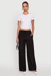 Womens Solid Drawstring Waist Wide Leg Pants, Black, Size M