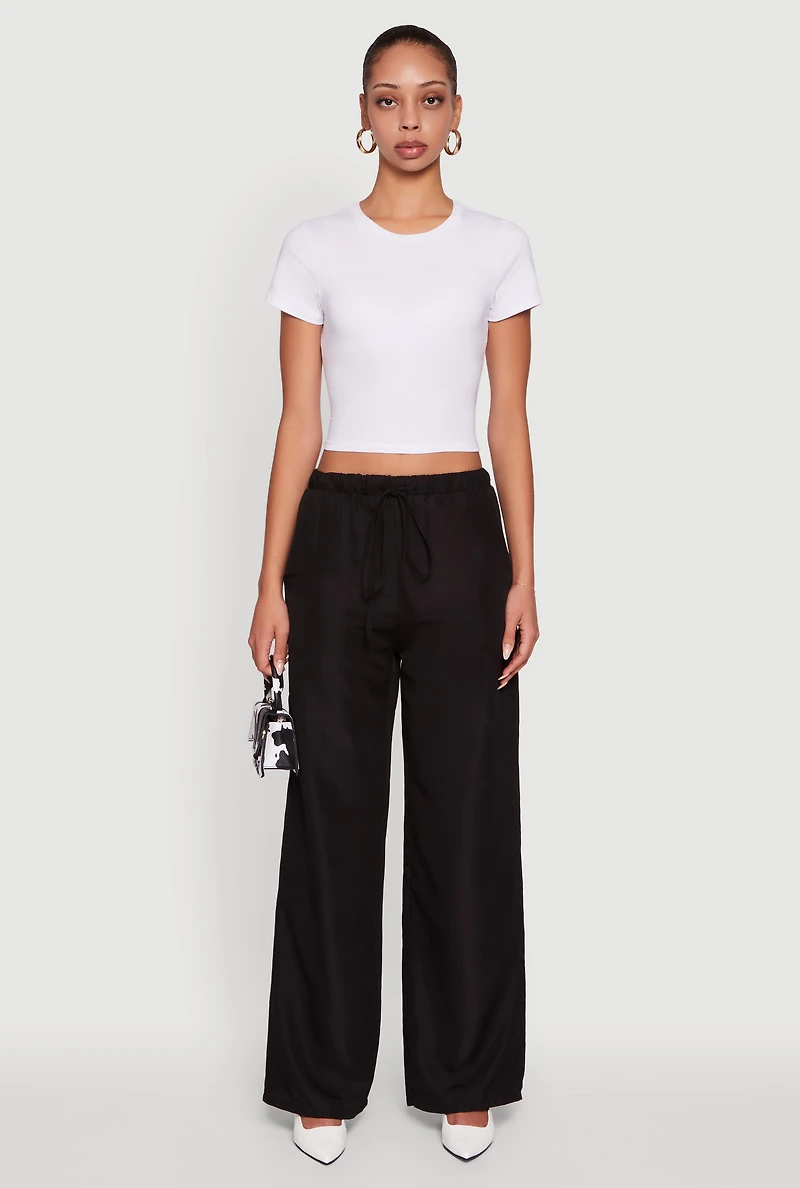 Womens Solid Drawstring Waist Wide Leg Pants, Black, Size M