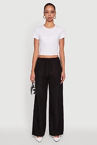 Womens Solid Drawstring Waist Wide Leg Pants, Black, Size M