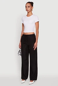 Womens Solid Drawstring Waist Wide Leg Pants, Black, Size M