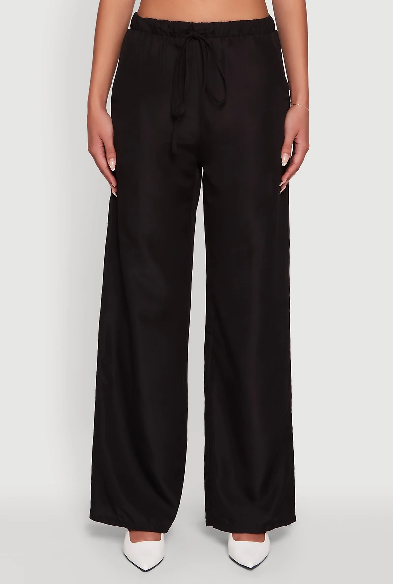 Womens Solid Drawstring Waist Wide Leg Pants, Black, Size M