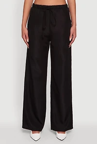 Womens Solid Drawstring Waist Wide Leg Pants, Black, Size M