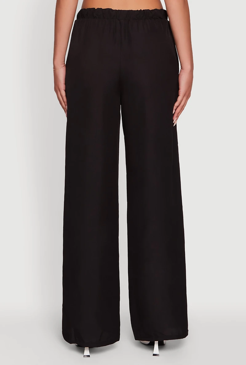 Womens Solid Drawstring Waist Wide Leg Pants, Black, Size M