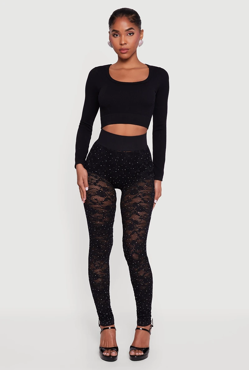 Womens Rhinestone Laser Cut High Waisted Leggings, Black, Size XL