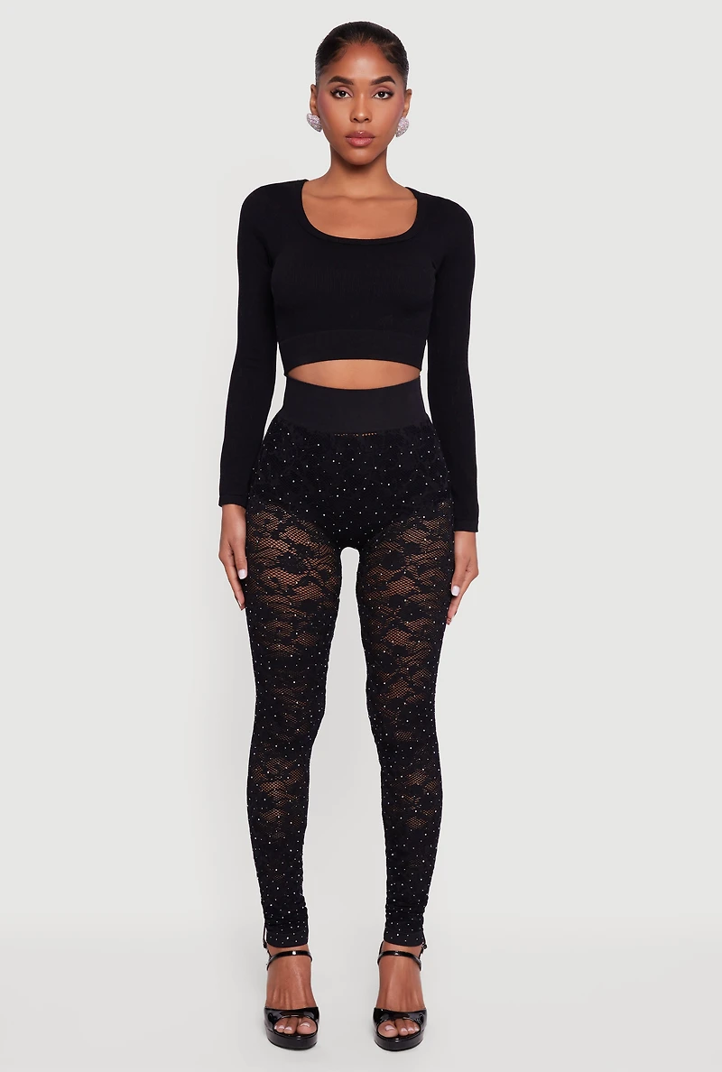 Womens Rhinestone Laser Cut High Waisted Leggings, Black, Size L